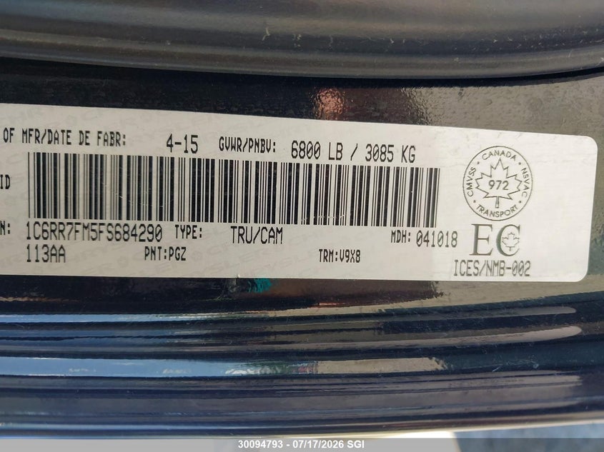 2015 Ram 1500 St VIN: 1C6RR7FM5FS684290 Lot: 30094793