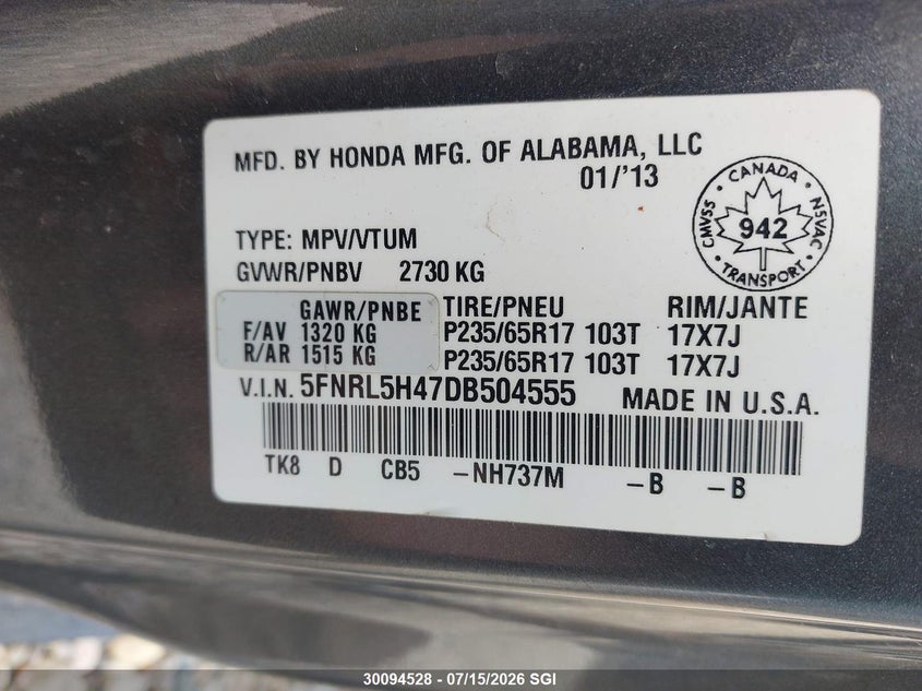 2013 Honda Odyssey Ex VIN: 5FNRL5H47DB504555 Lot: 30094528