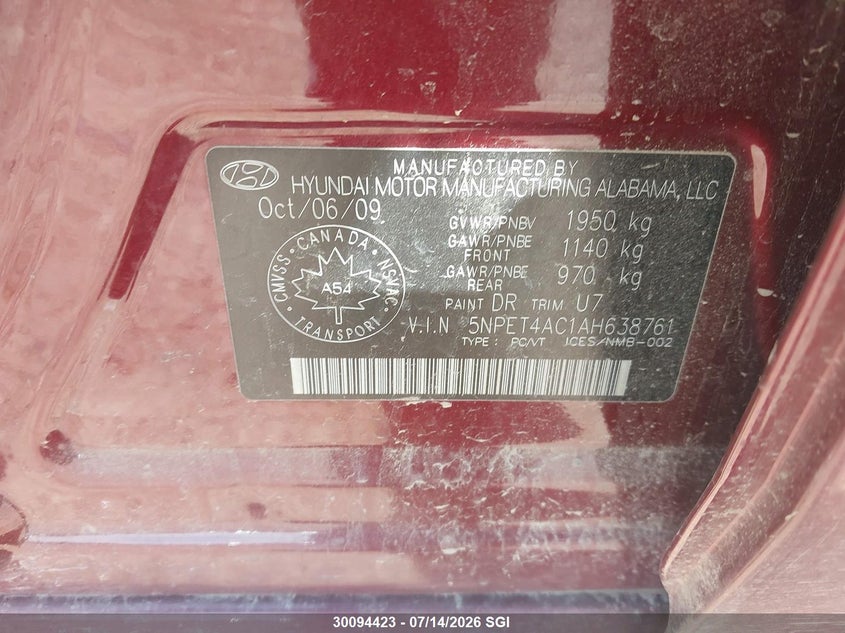 2010 Hyundai Sonata Gls VIN: 5NPET4AC1AH638761 Lot: 30094423