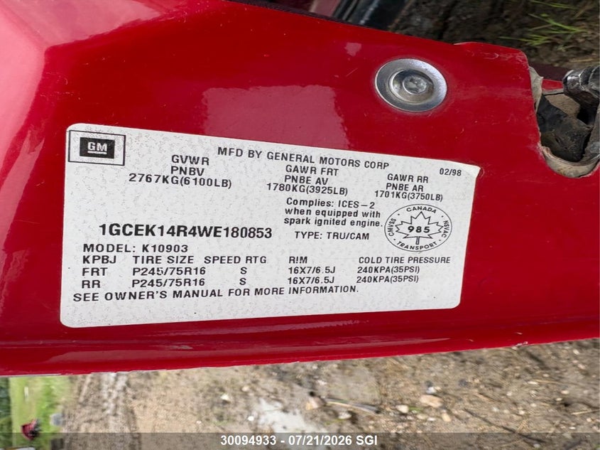 1998 Chevrolet Gmt-400 K1500 VIN: 1GCEK14R4WE180853 Lot: 30094933