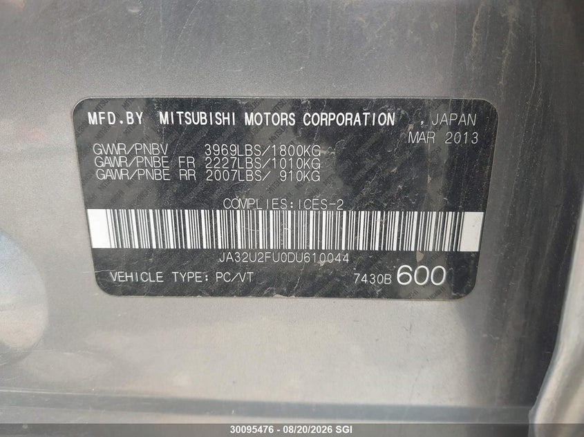 2013 MITSUBISHI LANCER SEDAN 2.0L I-4 DOHC, VVT, 148HP
