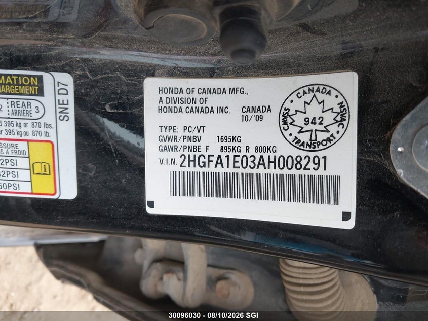 2010 HONDA CIVIC SEDAN 1.8L I-4 VVT, 140HP
