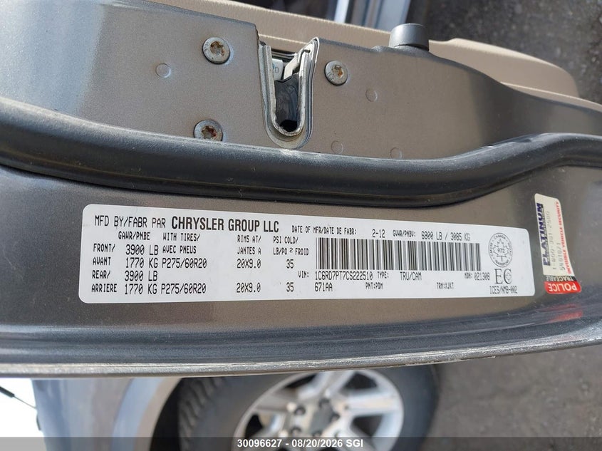2012 DODGE RAM PICKUP 5.7L V8 FI OHV 16V NF2