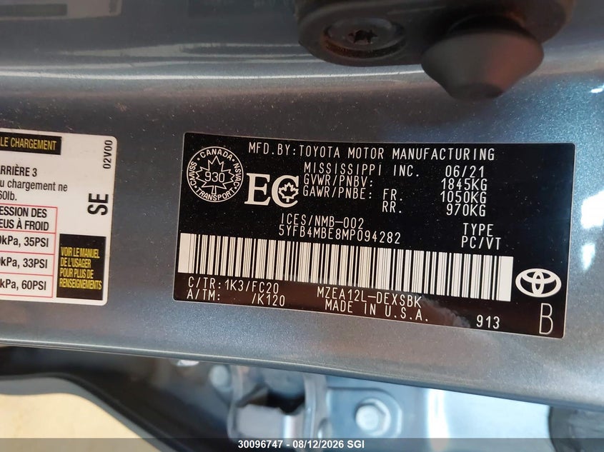 2021 TOYOTA COROLLA SEDAN 2.0L I4 FI DOHC 16V NF4