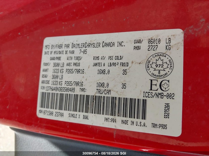 2006 DODGE DAKOTA PICKUP 4.7L V8 FI OHV F2