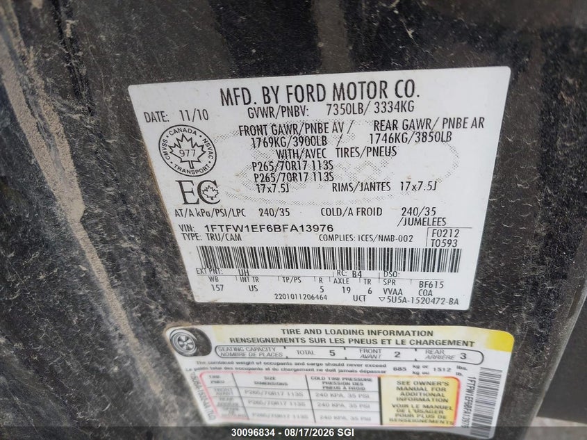 2011 FORD F-150 PICKUP 5.0L V8 FI DOHC 32V NF4