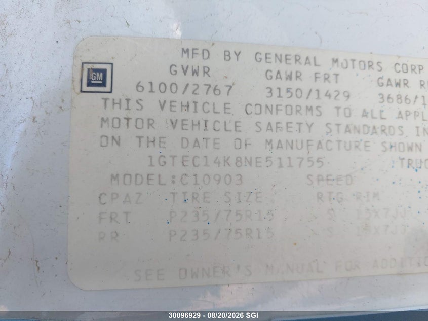 1992 GMC SIERRA COUPE 5.7L V8 FI F