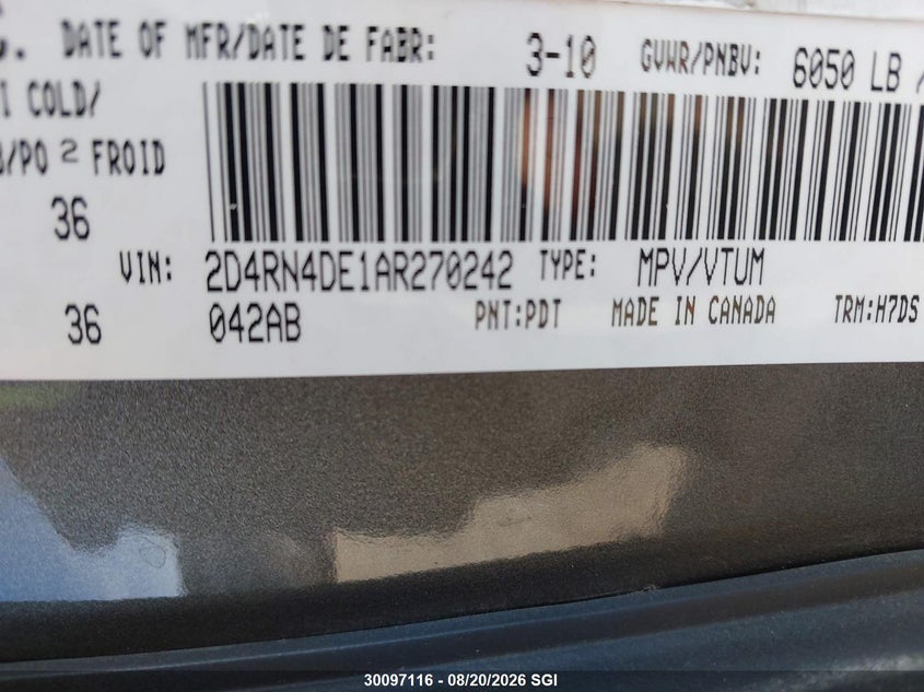 2010 DODGE CARAVAN VAN 3.3L V6 FI OHV 12V NF2