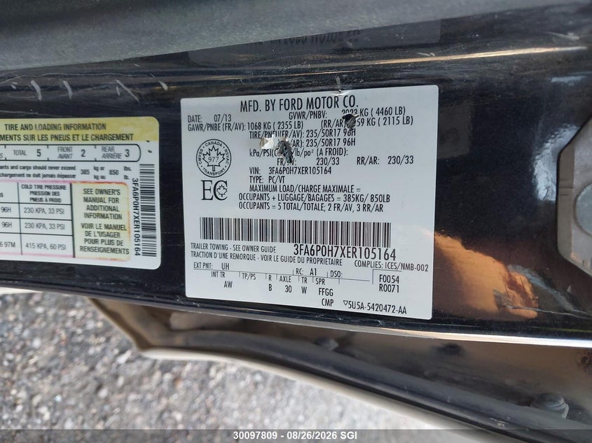 2014 FORD FUSION SEDAN 2.5L I4 FI DOHC 16V NF4