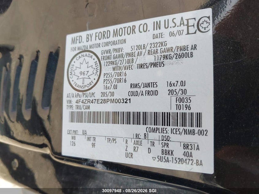 2008 MAZDA B-SERIES PICKUP 4.0L V6 FI OHV 12V F2