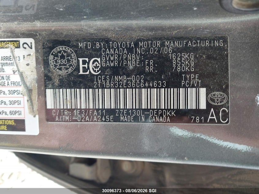 2006 TOYOTA COROLLA SEDAN 1.8L I-4 DOHC, VVT, 126HP
