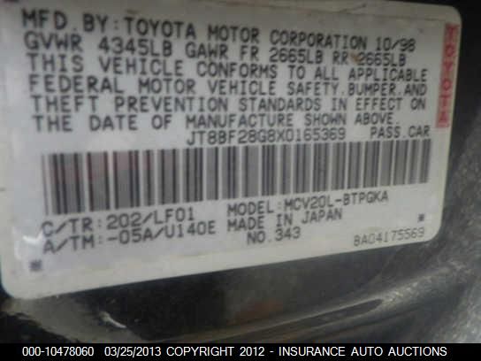 1999 Lexus Es300 VIN: JT8BF28G8X0165369 Lot: 10478060