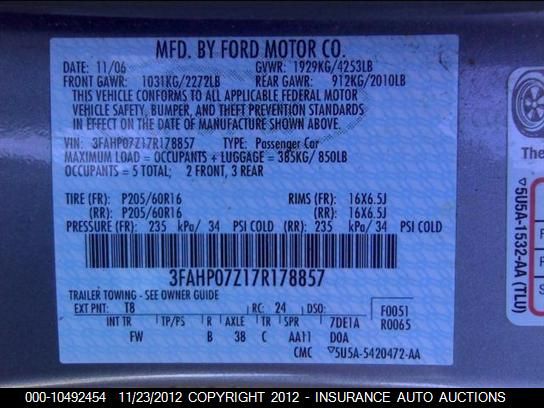 2007 Ford Fusion Se VIN: 3FAHP07Z17R178857 Lot: 10492454