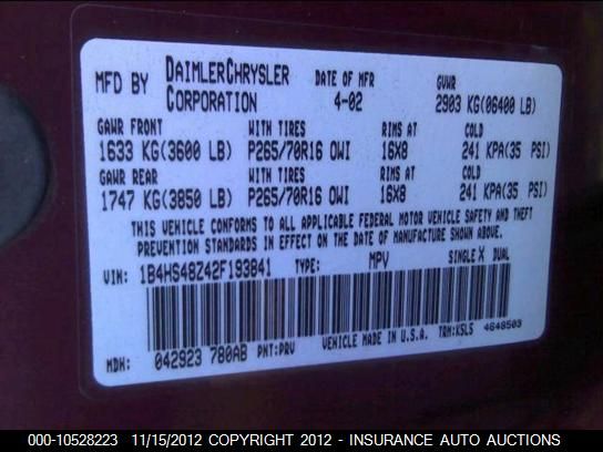 2002 Dodge Durango Slt VIN: 1B4HS48Z42F193841 Lot: 10528223