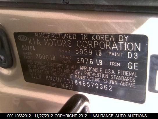 2004 Kia Sedona Ex/Lx VIN: KNDUP131846579362 Lot: 10582012