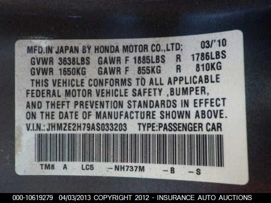 2010 Honda Insight Ex VIN: JHMZE2H79AS033203 Lot: 10619279