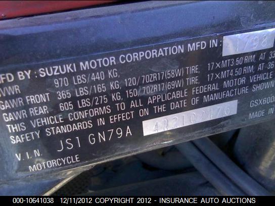 1998 Suzuki Gsx600F VIN: JS1GN79A4W2102476 Lot: 10641038