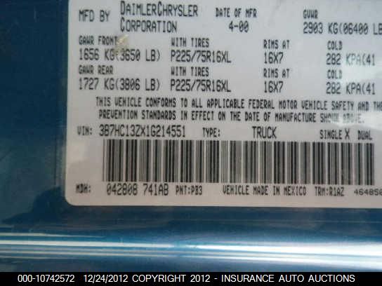 2001 Dodge Ram Truck Ram 1500 Quad VIN: 3B7HC13ZX1G214551 Lot: 10742572