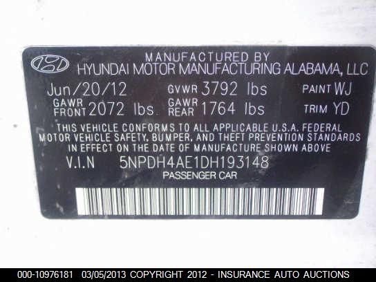 2013 Hyundai Elantra Gls VIN: 5NPDH4AE1DH193148 Lot: 10976181