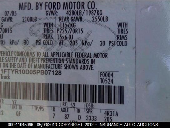 2005 Ford Ranger VIN: 1FTYR10D05PB07128 Lot: 11045066