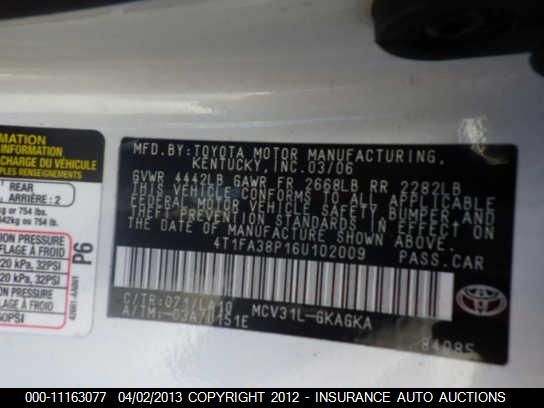 4T1FA38P16U102009 2006 Toyota Camry Solara Se/Sle