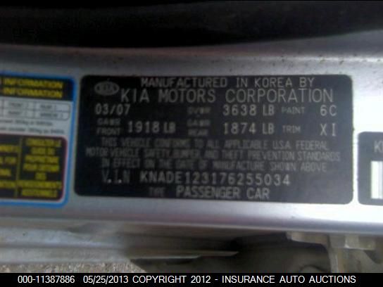 KNADE123176255034 2007 Kia Rio Lx/Sx