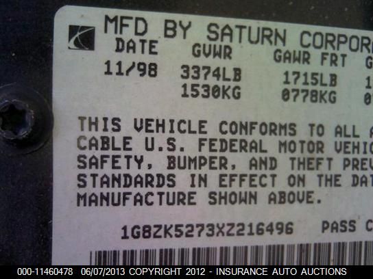 1999 Saturn Sl2 VIN: 1G8ZK5273XZ216496 Lot: 11460478