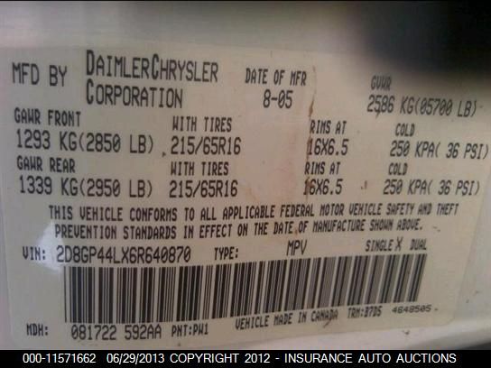 2006 Dodge Caravan Grand Caravan Sxt VIN: 2D8GP44LX6R640870 Lot: 11571662