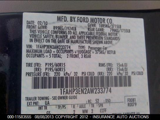 1FAHP3EN2AW233774 2010 Ford Focus S