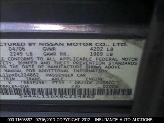 2006 Nissan Altima S/Sl VIN: 1N4AL11DX6C224862 Lot: 11605567