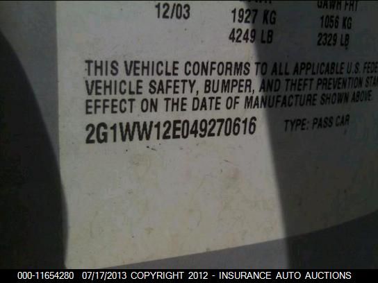 2004 Chevrolet Monte Carlo Ls VIN: 2G1WW12E049270616 Lot: 11654280