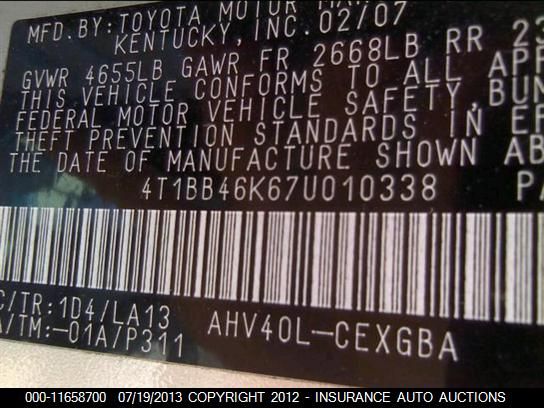 4T1BB46K67U010338 2007 Toyota Camry Hybrid