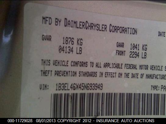 2005 Dodge Stratus Sxt VIN: 1B3EL46X45N693949 Lot: 11729028