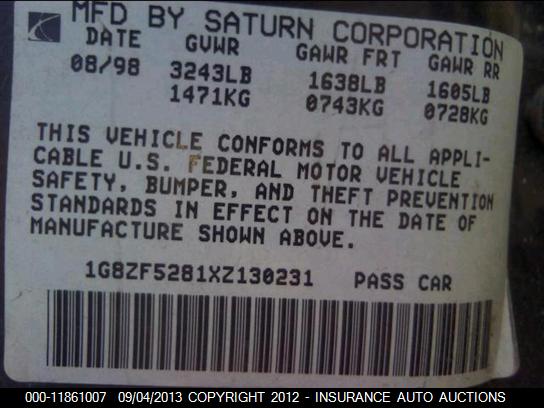 1999 Saturn Sl VIN: 1G8ZF5281XZ130231 Lot: 11861007