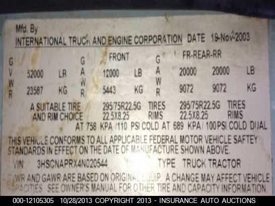 2004 International 9400 I VIN: 3HSCNAPRX4N020544 Lot: 12105305