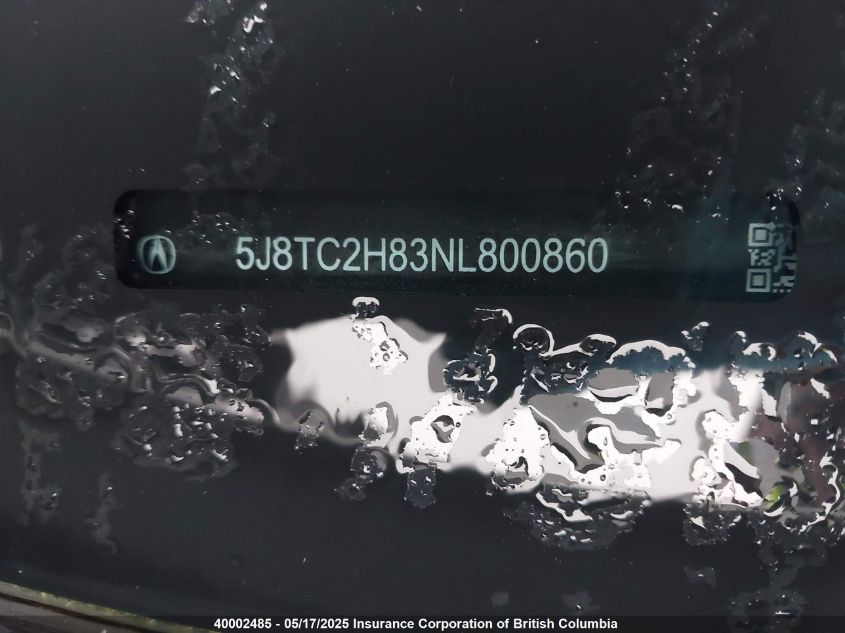 2022 Acura Rdx VIN: 5J8TC2H83NL800860 Lot: 40002485