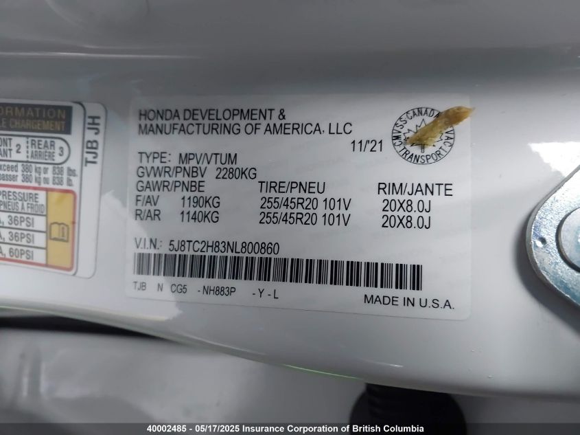 2022 Acura Rdx VIN: 5J8TC2H83NL800860 Lot: 40002485