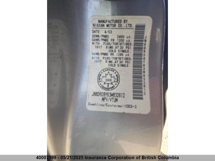 2003 Nissan Pathfinder Le/Se VIN: JN8DR09Y63W832612 Lot: 40007999