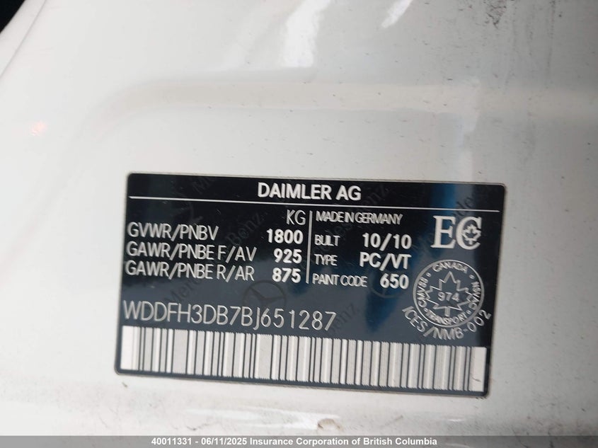 2011 Mercedes-Benz B200 VIN: WDDFH3DB7BJ651287 Lot: 40011331