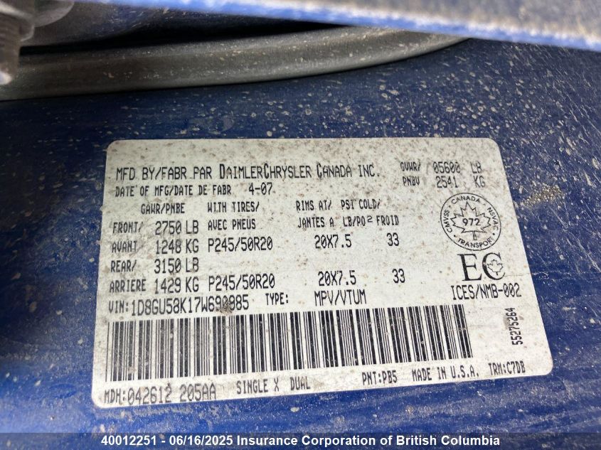 2007 Dodge Nitro Slt/Rt VIN: 1D8GU58K17W690985 Lot: 40012251