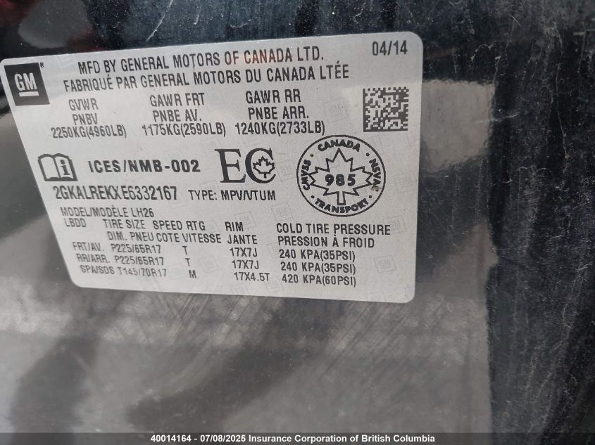 2014 GMC Terrain Sle VIN: 2GKALREKXE6332167 Lot: 40014164