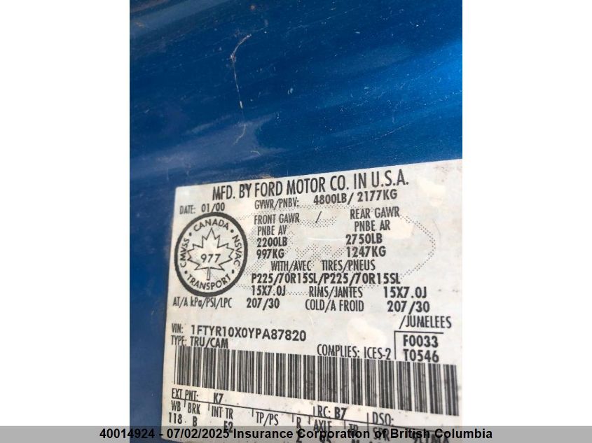 2000 Ford Ranger Xlt VIN: 1FTYR10X0YPA87820 Lot: 40014924