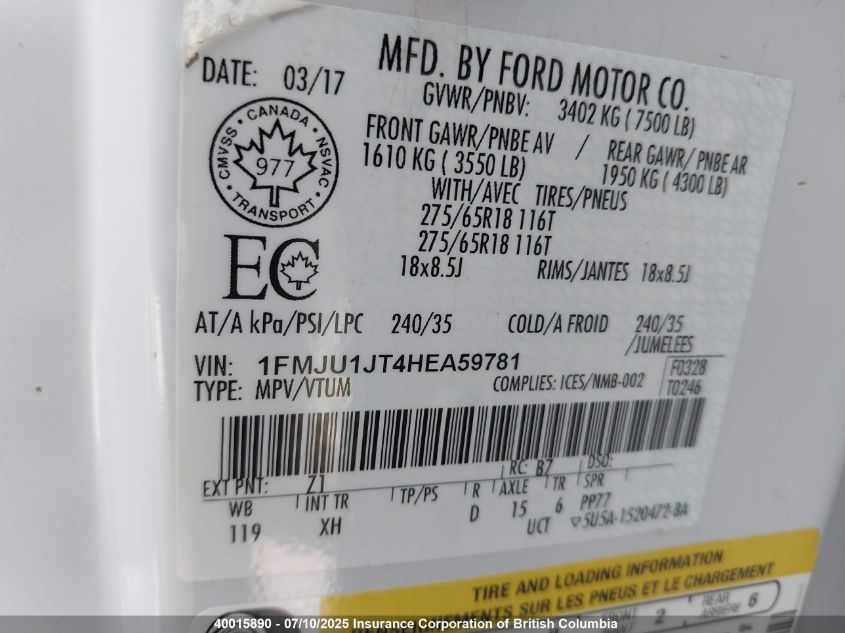 2017 Ford Expedition Xlt/King Ranch VIN: 1FMJU1JT4HEA59781 Lot: 40015890