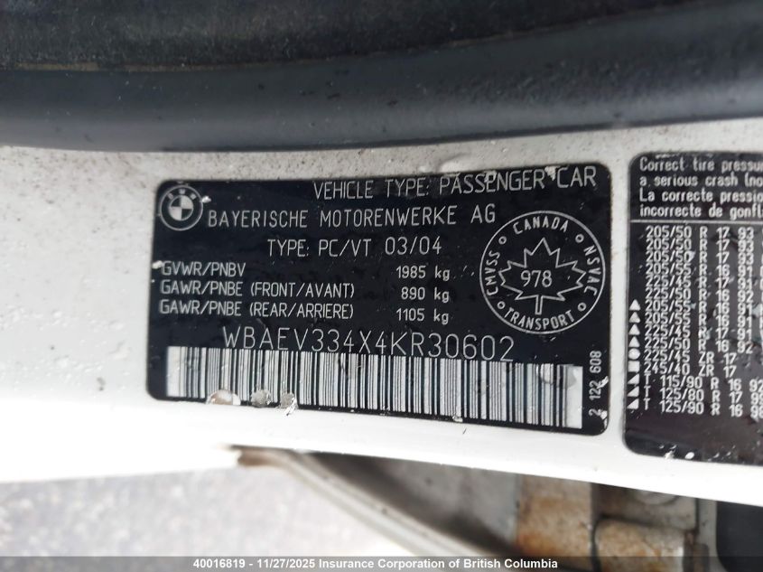2004 BMW 325 I VIN: WBAEV334X4KR30602 Lot: 40016819