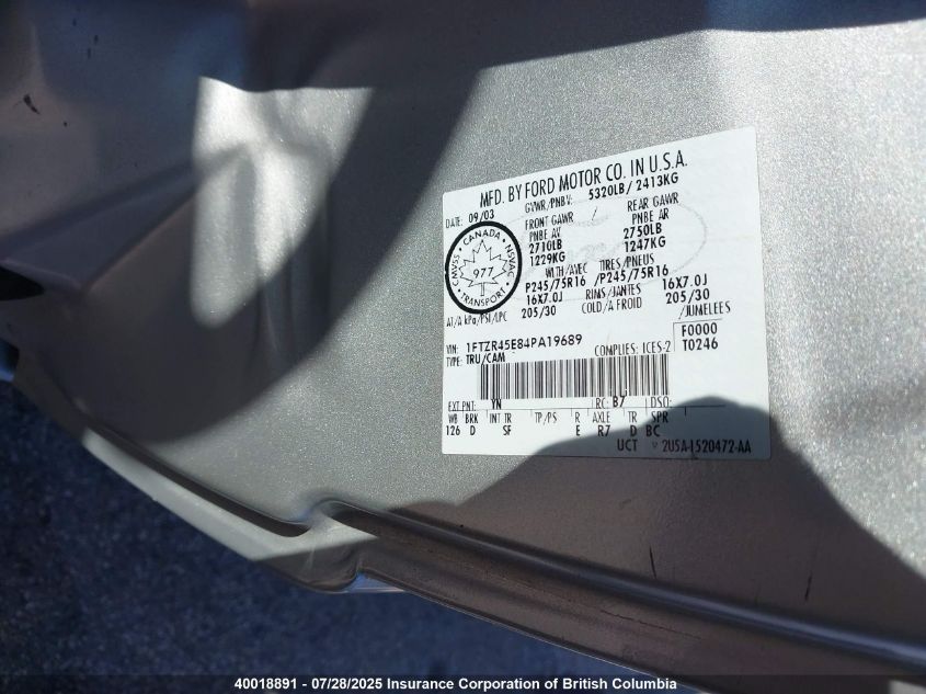 2004 Ford Ranger VIN: 1FTZR45E84PA19689 Lot: 11926207