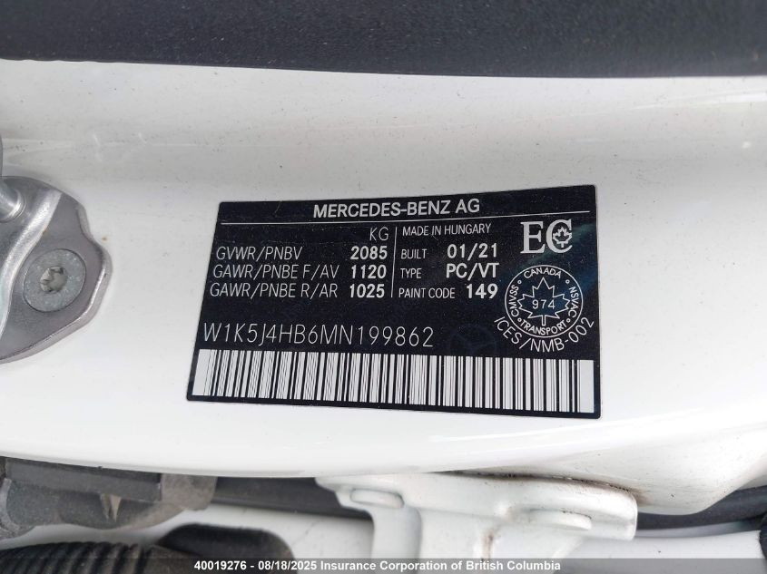 2021 Mercedes-Benz Cla 250 4Matic VIN: W1K5J4HB6MN199862 Lot: 40019276
