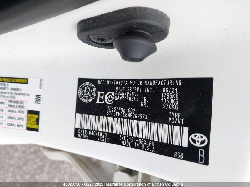 2021 Toyota Corolla Le VIN: 5YFBPMBE6MP262573 Lot: 40023758