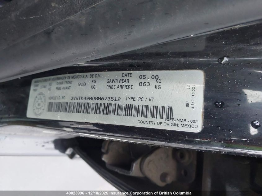 2008 Volkswagen Jetta VIN: 3VWTK49M08M673512 Lot: 40023996