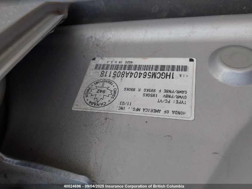 2004 Honda Accord Lx VIN: 1HGCM56404A805118 Lot: 40024696