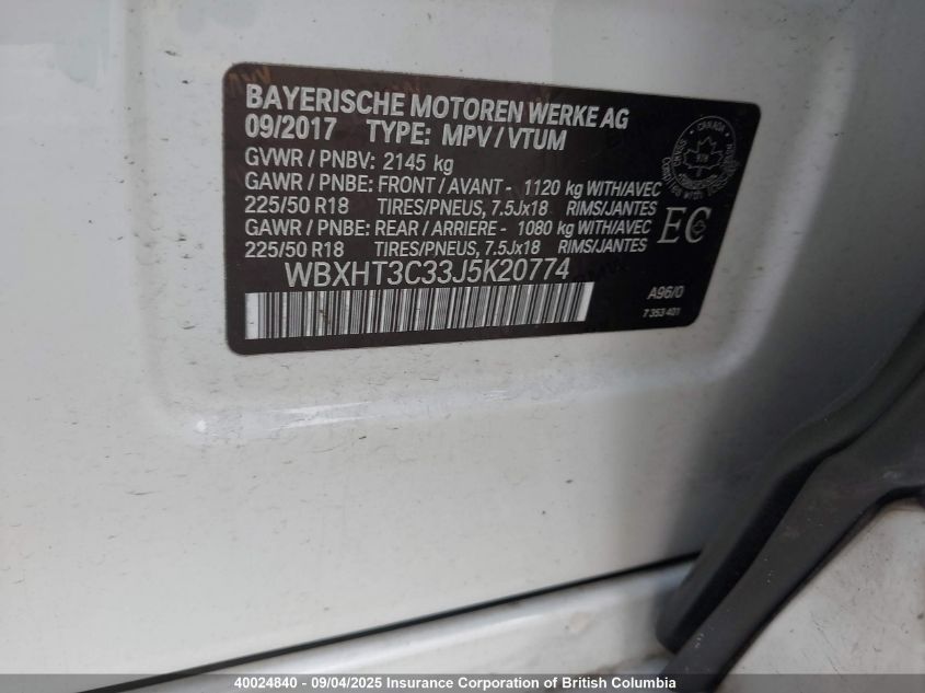 2018 BMW X1 VIN: WBXHT3C33J5K20774 Lot: 40024840